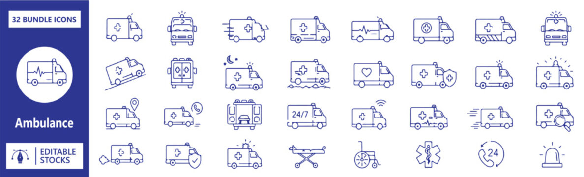 32 Ambulance Vector Outline Icons Set &ndash; Editable Black Line Symbols Collection, Modern UI UX Icon Bundle, Isolated on White Background. 