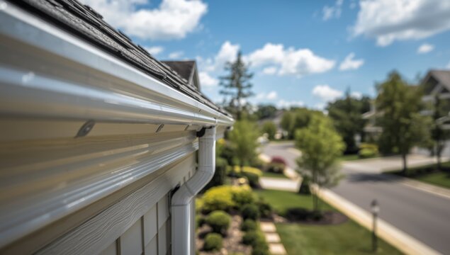 Detailed view of white gutter guard and soffit on vinyl siding in upscale neighborhood