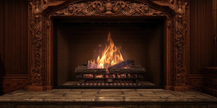 Traditional gas fireplace with bright flames and ornate wall surround