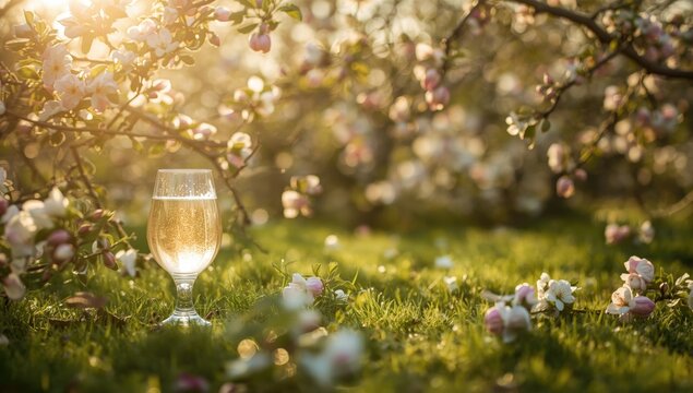 Sunny afternoon with Brut apple cider glass and apple tree flowers blossoming in garden