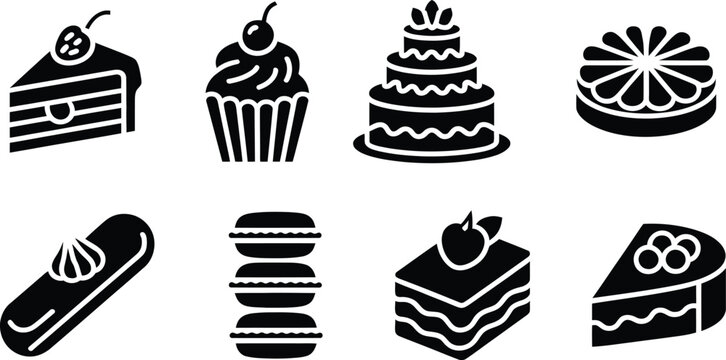 Collection of stylized dessert icons representing various cakes and pastries isolated on transparent background