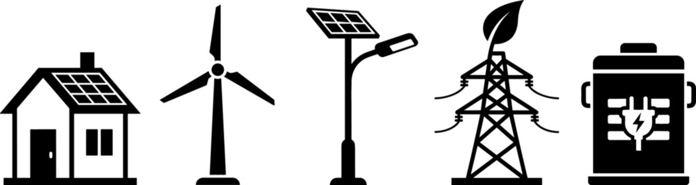 Renewable Green Energy Icon Set with Solar House Wind Turbine Street Light Power Tower and Electric Battery Silhouettes for Sustainable Tech Graphics