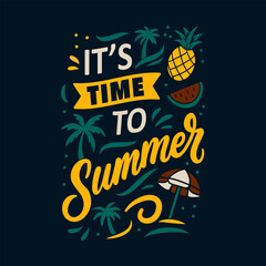 Fototapeta premium Summer Typography Overlay Collection Featuring Tropical Elements, Pineapple, Watermelon, Palm Trees, and Beach Umbrella with Vibrant Lettering for Seasonal Greeting Designs and Creative Graphics
