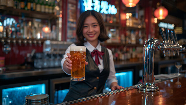 パブのカウンターでビールを差し出す日本人女性スタッフの写真