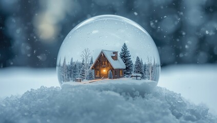 Naklejka premium Miniature winter scene inside a clear globe highlighting a cozy house surrounded by snow