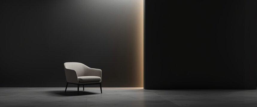 Minimalist interior featuring a single armchair with a dark wall backdrop