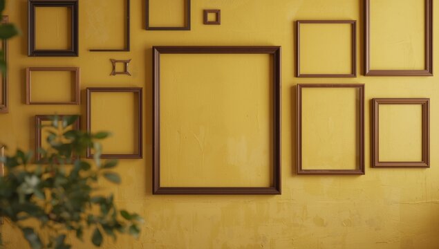 Old fashioned yellow walls showcasing empty frames and large copy space for creative work