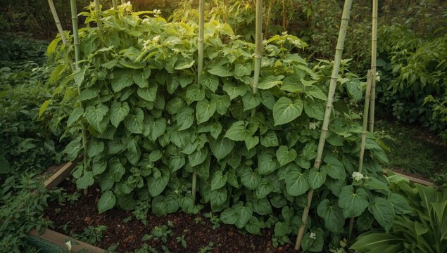 Lush runner bean vines supported by bamboo canes in an organic raised garden bed