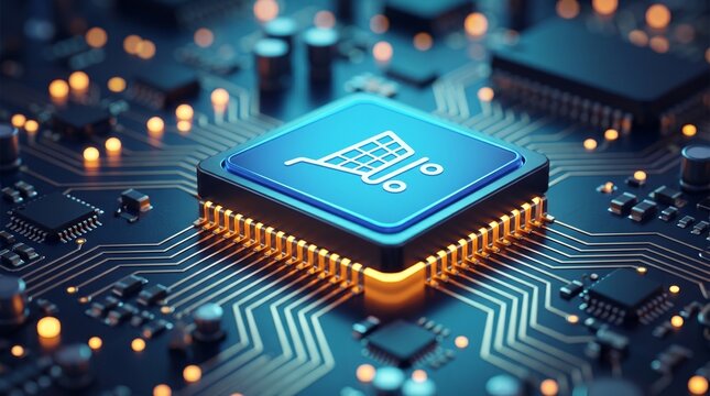 E-commerce Technology Solutions for Digital Shopping: Futuristic Circuit Board with Glowing Cart Icon Symbolizing Secure Online Transactions and Smart Retail Innovation.