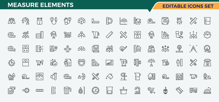Measure Elements icon. Ruler line icon set. Contain linear sign equipment, measure, speed, tape, time, meter and more. Editable stroke vector art.