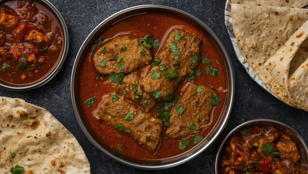 Indian-style beef curry with Kerala parathas and hot Asian chicken sauce