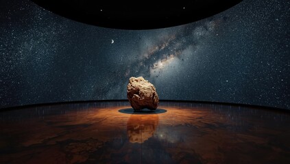 Obraz premium Meteorite exhibit with starry space background on earth floor for marketing