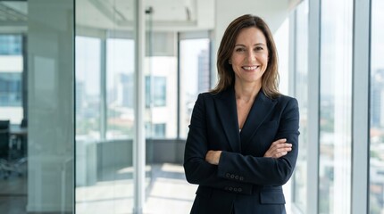Fototapeta premium Confident businesswoman in dark suit smiling with arms crossed in modern office with city view through large windows