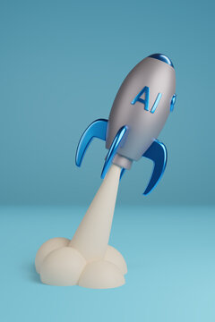 Cartoon spaceship taking off AI text. Artificial intelligence concept. 3d illustration.