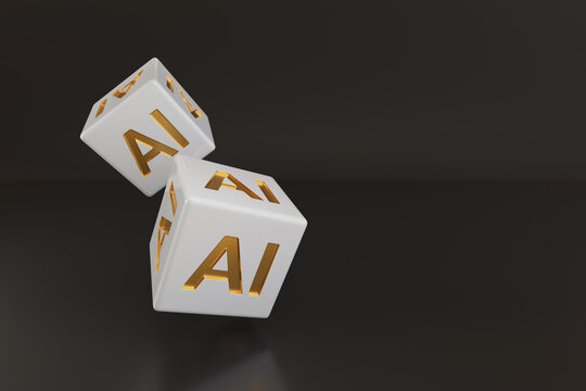 Two dice with golden AI text with copy space. Artificial intelligence concept. 3d illustration.