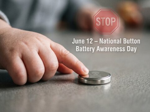 Toddler hand reaching for button battery with translucent red stop sign overlay.