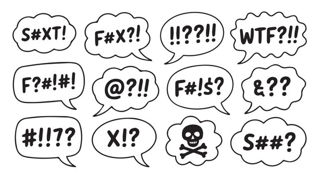 A collection of various speech bubbles containing profane and questioning phrases with a skull and crossbones on a white background illustration.