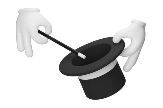 Cartoon hands of a magician holding a top hat and a magic wand. 3D illustration.