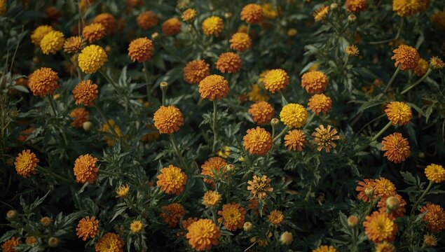 Lush calendula officinalis flower bed with light green foliage