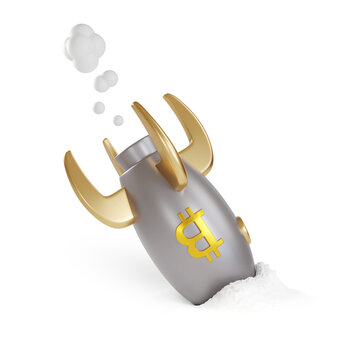 Rocket with bitcoin crashed to the ground isolated on white background. Bitcoin crisis concept. 3d illustration.