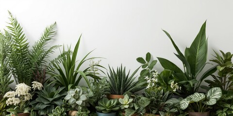 Fototapeta premium Different species of potted plants arranged neatly against white backdrop for print