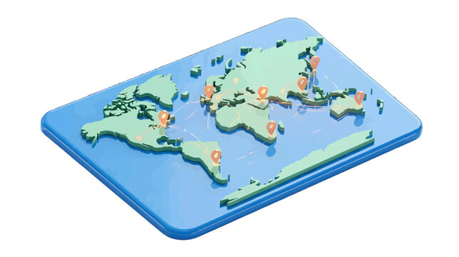 Vector illustration of isometric 3d world map with location pins on a transparent background