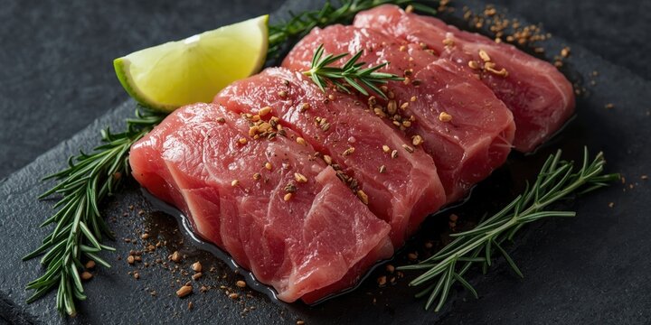 High angle capture of raw tuna steaks fresh with seasoning lime wedge and rosemary on dark base