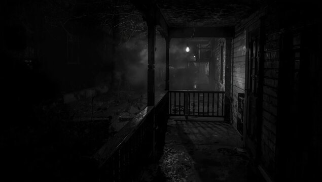 Nighttime black and white photo showing a creepy basement porch