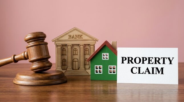 Property claim legal concept with judge gavel, wooden bank building and house model, real estate law and mortgage litigation concept