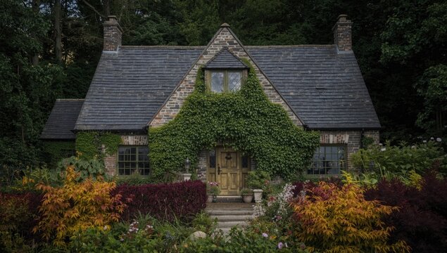 Stone cottage featuring triangular roof and thick ivy among colorful garden shrubs