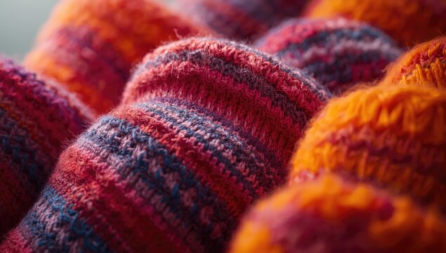 Detailed close-up capturing a collection of machine knitted textile designs with rich texture layers and bright color contrasts