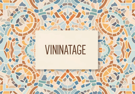 Vintage mosaic tile pattern featuring geometric circular and angular tessellation in terracotta orange, blue, and beige ceramic shards with a central rectangular text frame.