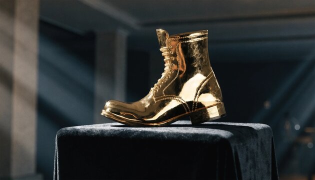 Magnificent golden boot trophy standing on a premium black velvet pedestal, representing the prestigious top scorer award for soccer excellence, captured with high detail and luxury lighting.