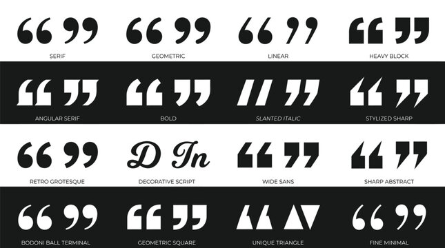 A comprehensive collection of diverse black and white vector quote marks for modern graphic design projects