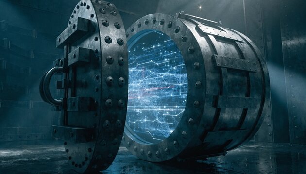 Massive heavy steel bank vault door slowly opening to reveal glowing blue digital data and binary code inside representing high level cyber security and private offshore data storage technology.
