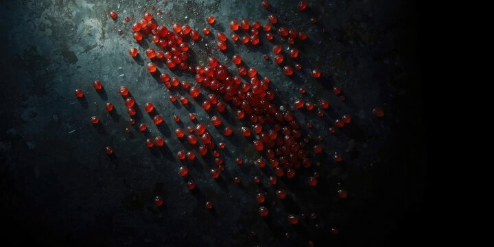 Overhead capture of fresh red fish roe on a deep shadowed surface