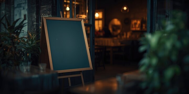 Freestanding blackboard sign showing blank restaurant menu at dining venue entrance