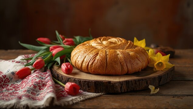 Ukrainian Easter bread presented on wooden board with flowers and textile on rustic table