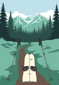 Vector illustration of a splitboard in walking mode with touring bindings and trekking poles on a mountain trail, featuring a backdrop of pine forest and snow-capped peaks.