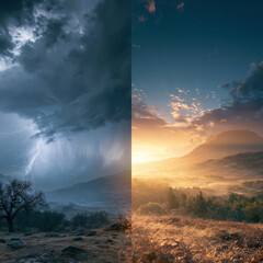 Fototapeta premium Split Screen Comparison Of Stormy Sky And Sunset Landscape