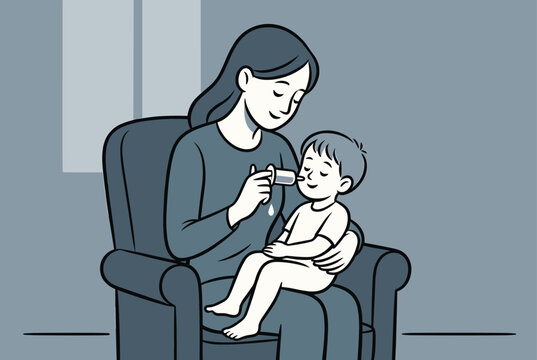 Caring mother sitting in a chair and gently administering medicine or saline solution to her young child using a small nasal syringe.