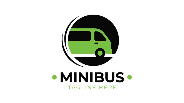Minimalist vector logo design featuring a bright green minibus inside a sleek black circular frame