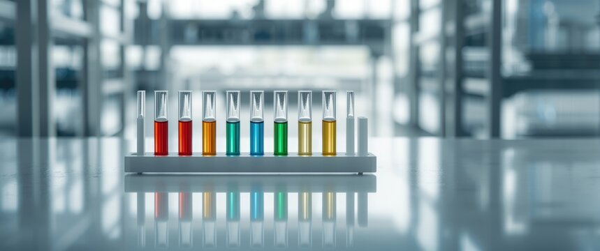 White cuvettes aligned displaying colorful liquids in red green blue yellow emphasizing laboratory elegance with a minimalistic setting