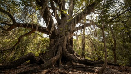 Fototapeta premium Tree with fractured limbs and roots showing prominently in wild woodland scene