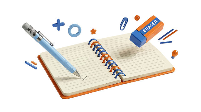 Vector illustration of 3d illustration of a notebook with a pen and eraser on a transparent background