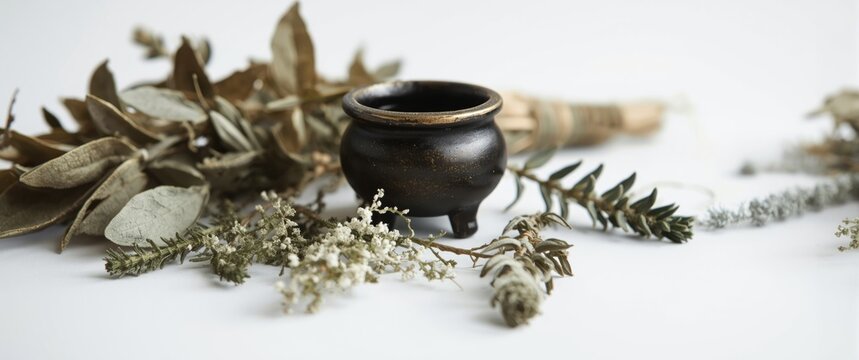 Natural herbal assortment featuring sage, usnea lichen, and a black cauldron presented on a minimal white background with copy space