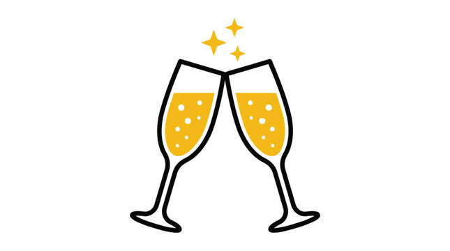 Minimalist vector illustration of two clinking champagne glasses with yellow bubbles and bright sparkling stars
