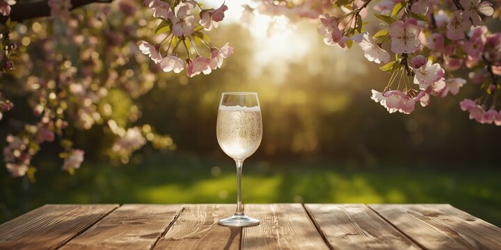 Glass of Brut apple cider paired with blossoming apple tree branches under spring sunshine