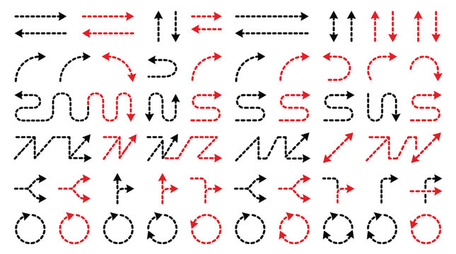A collection of black and red dashed arrow vector graphic designs for modern digital projects