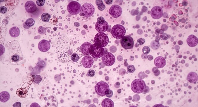 Microscopic view of blood smear showing high mature lymphocytes and smudge cells in chronic lymphocytic leukemia